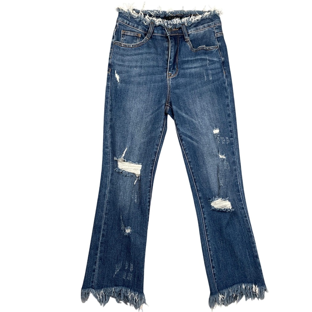Risen LA Jeans Womens 1/25 Blue Distressed Frayed Hem Flare RDP1255 Festival Y2K